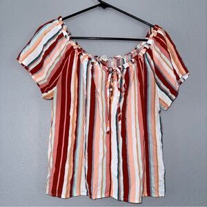 Pink Republic Blouse, Women's Size Medium, Cropped, Lace Up, Striped Rayon